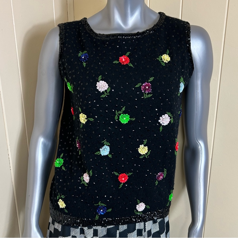 Vintage Maxime Original Hand Beaded Sweater Sleeveless Lambs Wool Blend Black